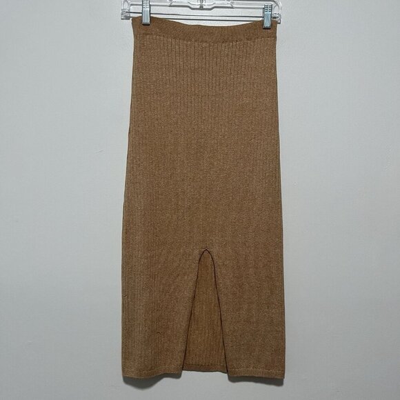 Free People‎ Skyline Midi Ribbed Front Slit Stretchy Skirt in Tan Size Small - Picture 3 of 8